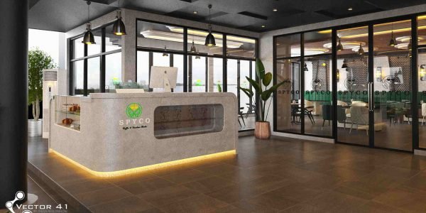 Desain meje reception cafe spyco medan