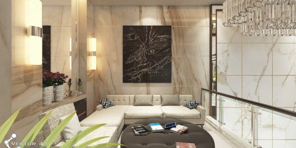 Desain ruang santai lantai 2 rumah tropis ibu dewi medan